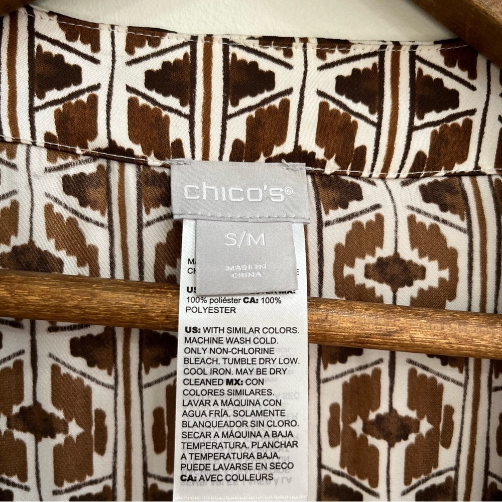 Chicos Tie-Front Drama Kimono duster satin lightweight fabric brown white S/M - Picture 10 of 10